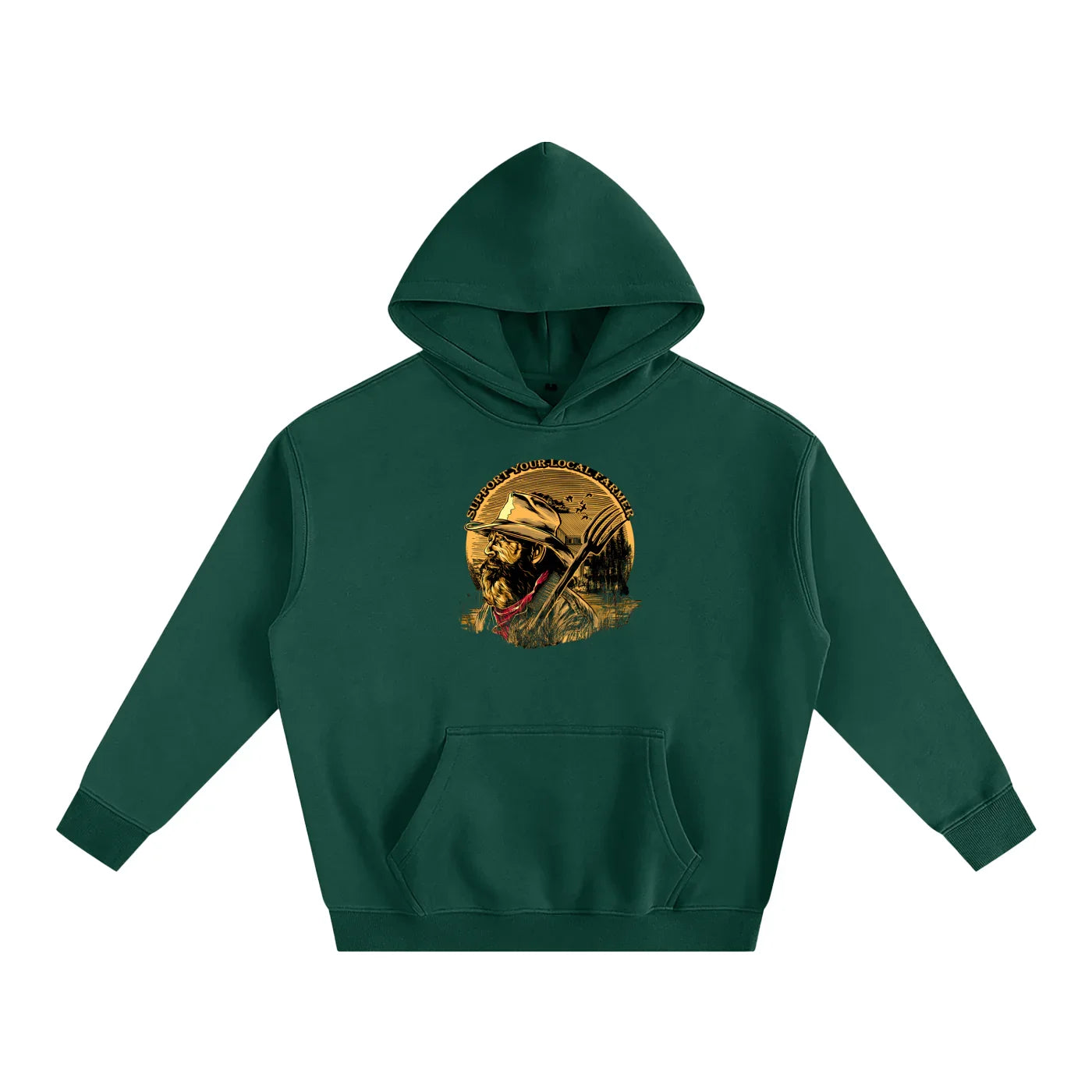 Forest green hoodie with 'Support Your Local Farmer' graphic, rugged outdoor design