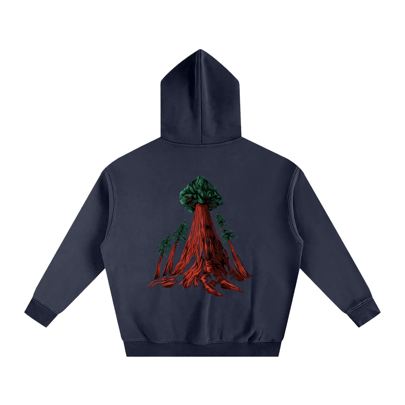 Navy hoodie with red tree root graphic, green canopy, and pine trees — outdoors streetwear style