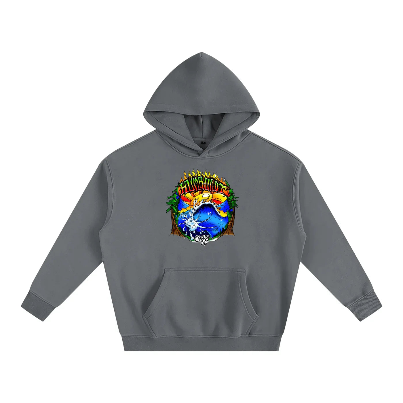 Gray hoodie with vibrant Humboldt graphic, blending ocean waves, flames, and forest—outdoor streetwear style.
