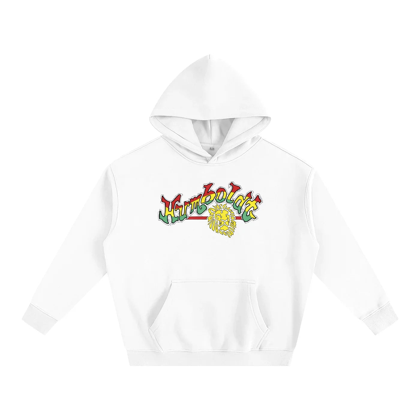 White hoodie with colorful Humboldt lion graphic, blending outdoor and streetwear style