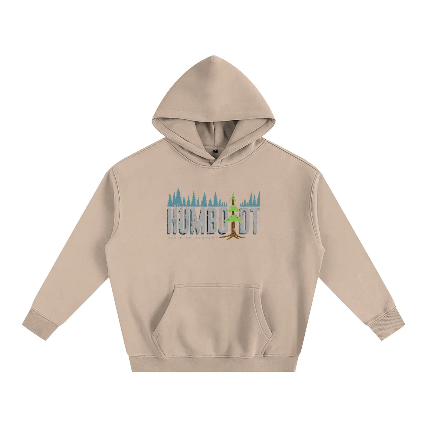 Beige hoodie with Humboldt forest graphic, blending outdoor and streetwear style for Northern California vibes.