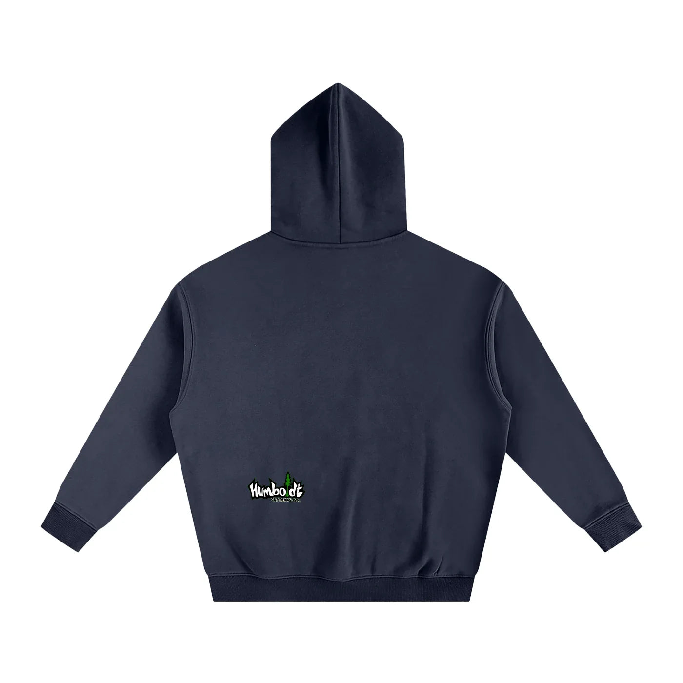 Dark navy hoodie with small Humboldt Clothing Co. logo on back, blending outdoor and streetwear style