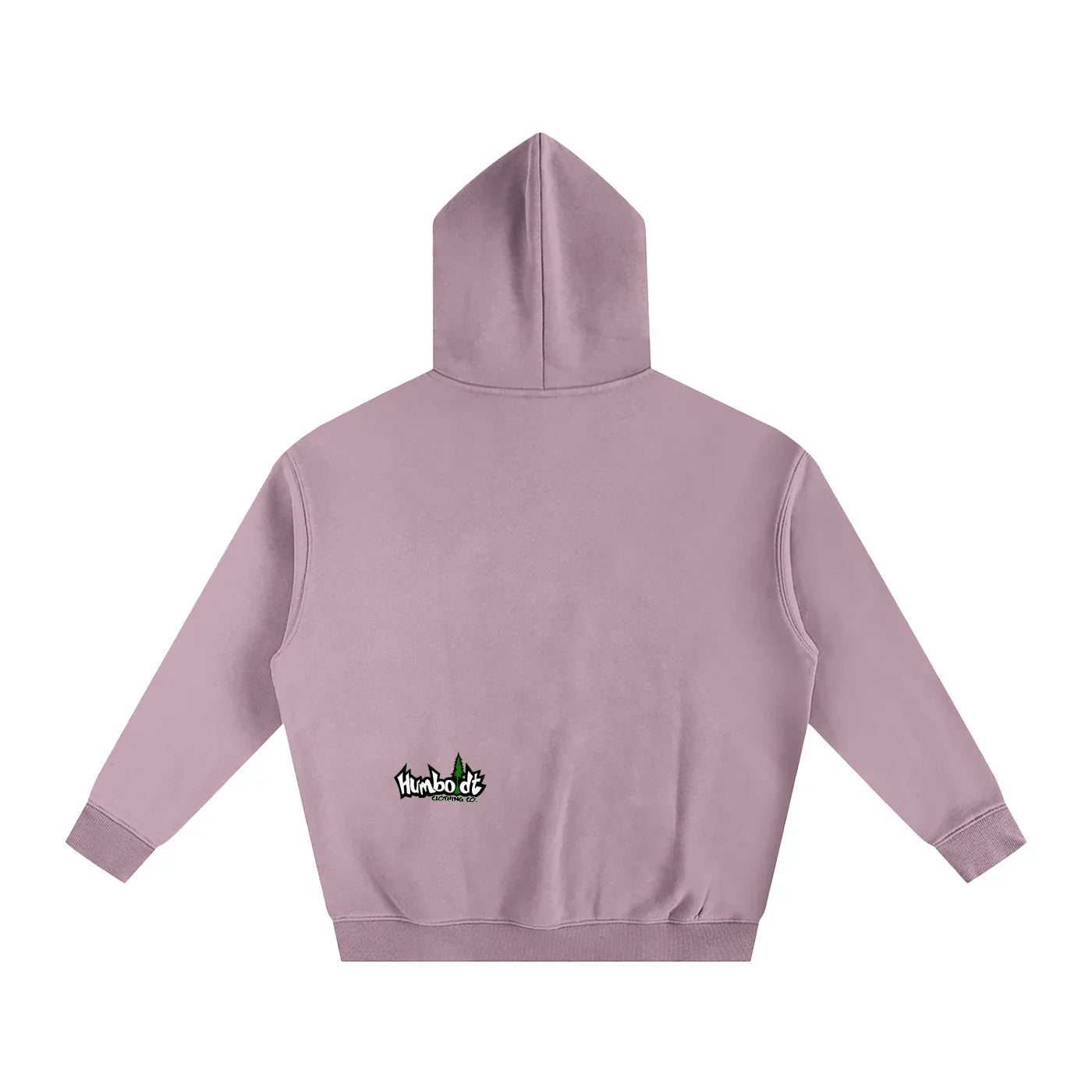 Dusty pink hoodie with small Humboldt Clothing Co. logo on back, blending outdoor and streetwear style.
