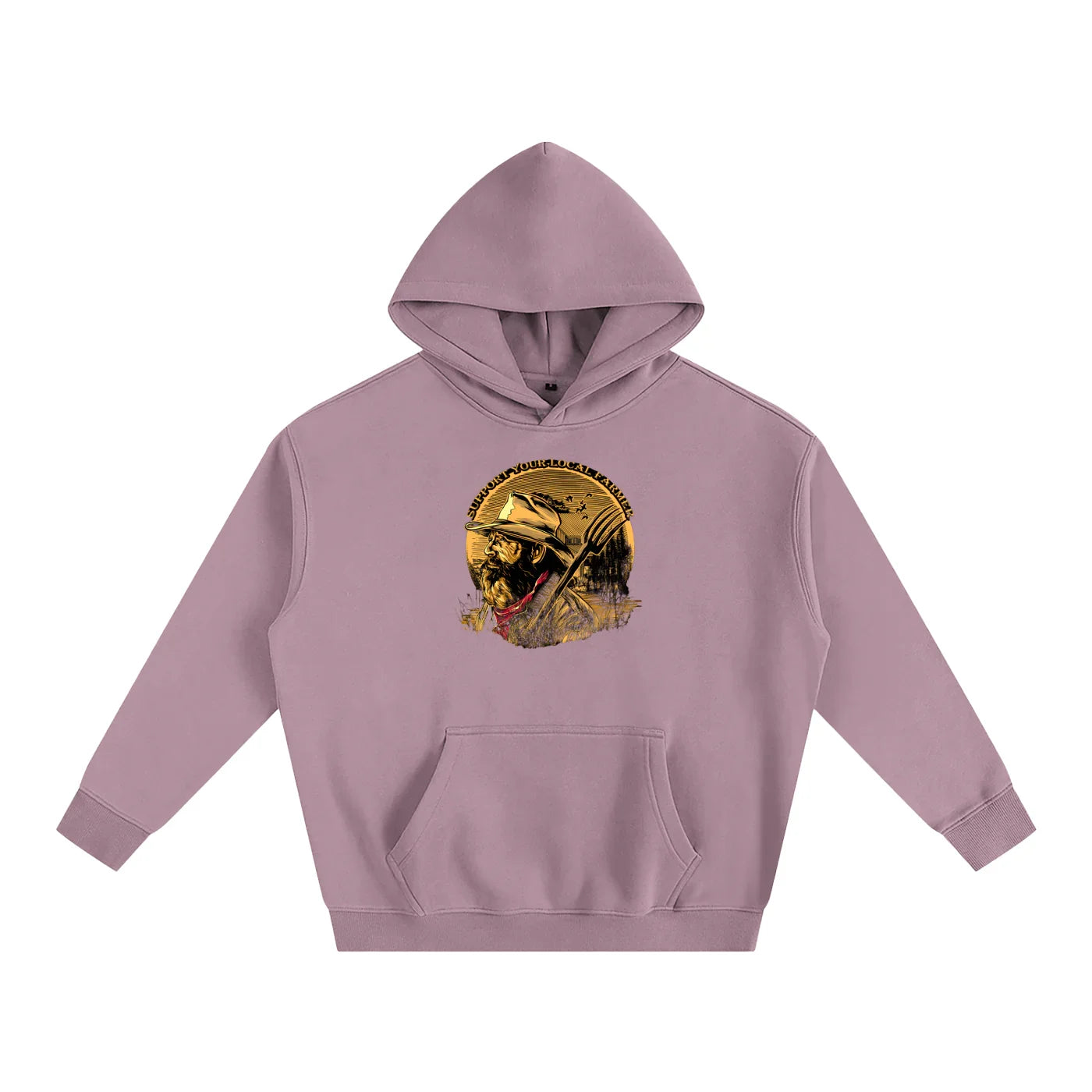 Purple hoodie with vintage farmer graphic, 'Support Your Local Farmer' text, outdoorsy streetwear style