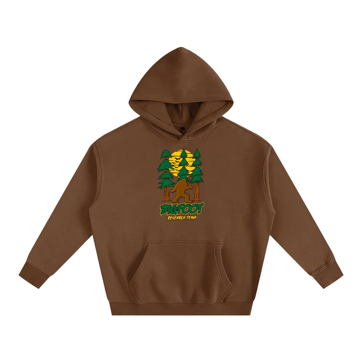 Brown hoodie with Bigfoot graphic, forest trees, and sunset design for outdoor and streetwear style