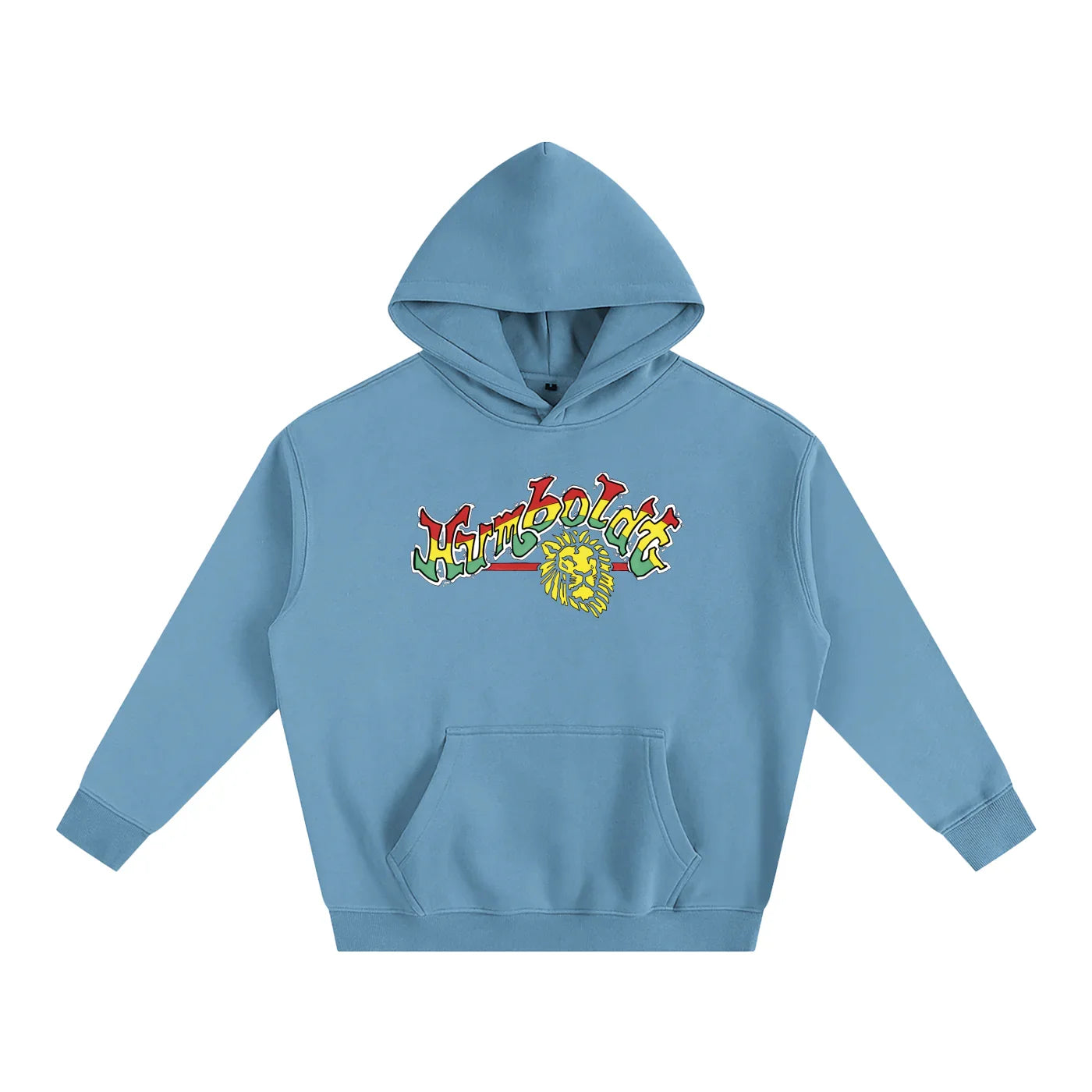 Light blue hoodie with colorful 'Humboldt' graphic and lion emblem, blending outdoor and streetwear style.