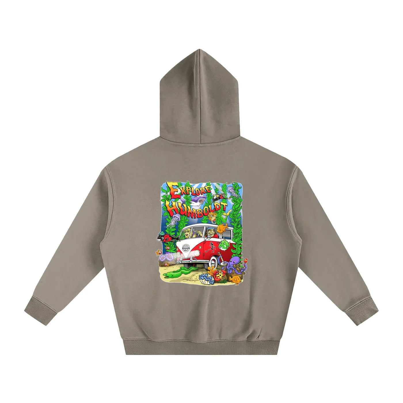 Gray hoodie with 'Explore Humboldt' graphic, vintage van, and sea creatures, blending outdoor and streetwear style