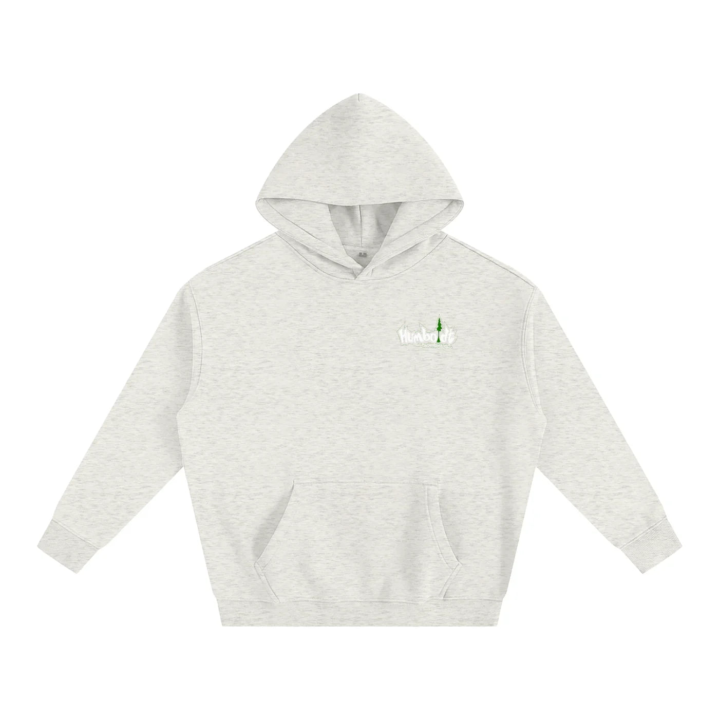 Light gray hoodie with small Humboldt logo, featuring outdoor streetwear style for Northern California vibes.