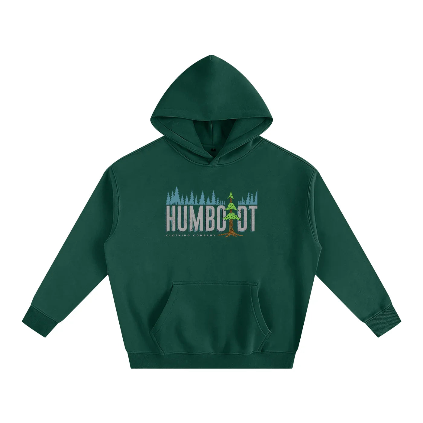 Forest green hoodie with Humboldt tree graphic, blending outdoor style and streetwear design.