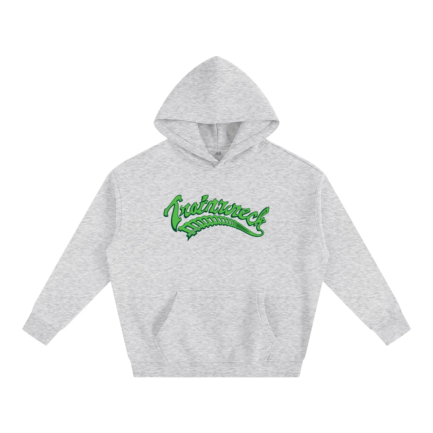 Gray hoodie with green 'Trainwreck' graphic, outdoor streetwear style