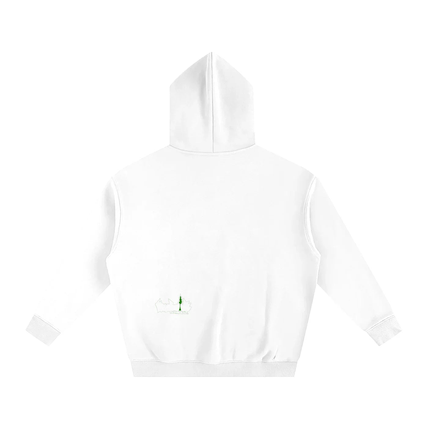 White hoodie with small green tree graphic on back, blending outdoor and streetwear style.