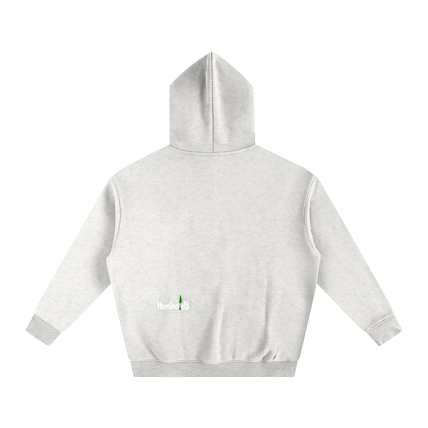 Light gray hoodie with small Humboldt logo and green tree on back, blending outdoor and streetwear style