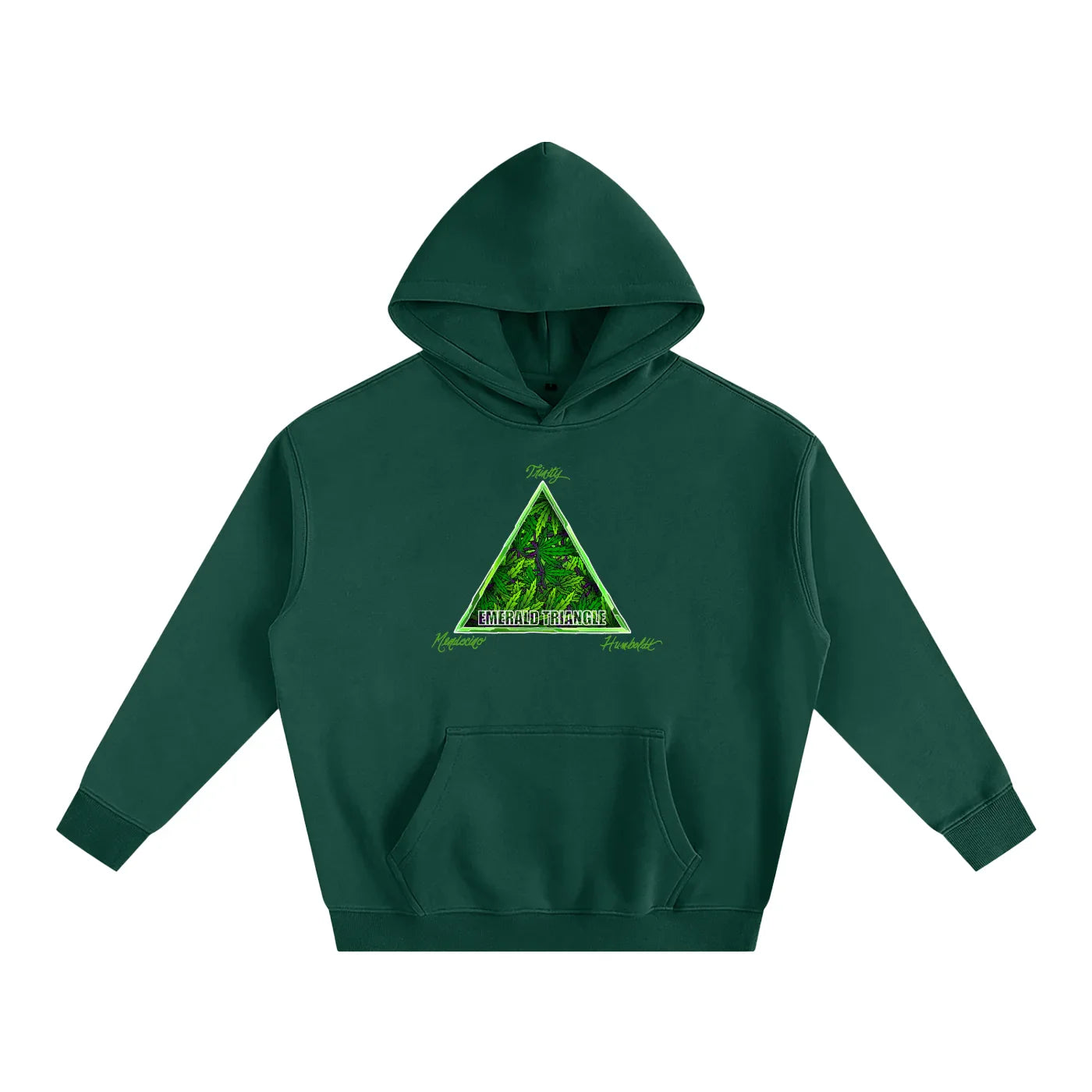 Forest green hoodie with 'Emerald Triangle' triangle graphic, blending outdoor and streetwear style.