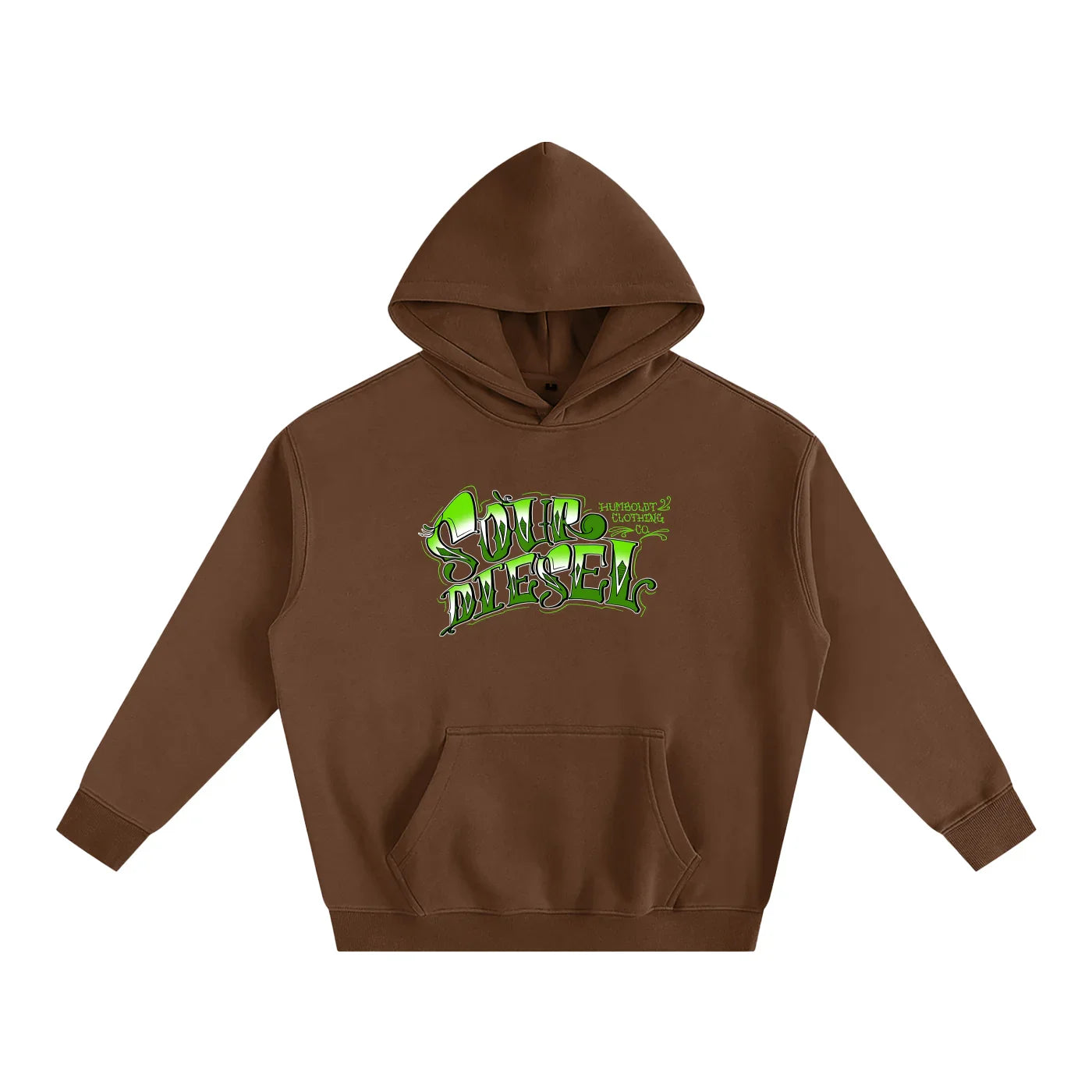 Brown hoodie with green Sour Diesel graphic, Humboldt Clothing Co. design, streetwear style