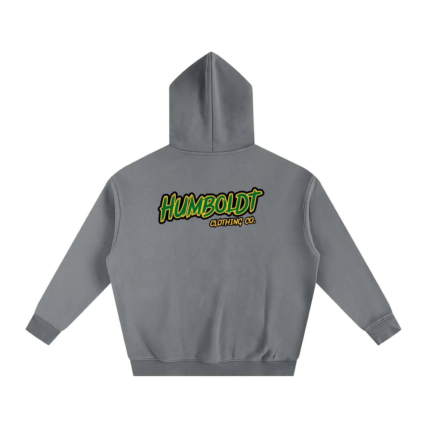 Gray hoodie with Humboldt Clothing Co. logo in green and yellow, showcasing urban streetwear style.