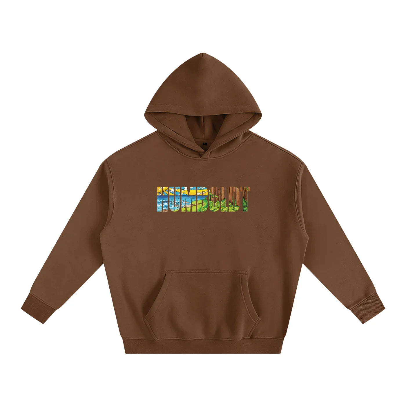 Brown hoodie with colorful Humboldt landscape graphic, blending outdoor and streetwear style