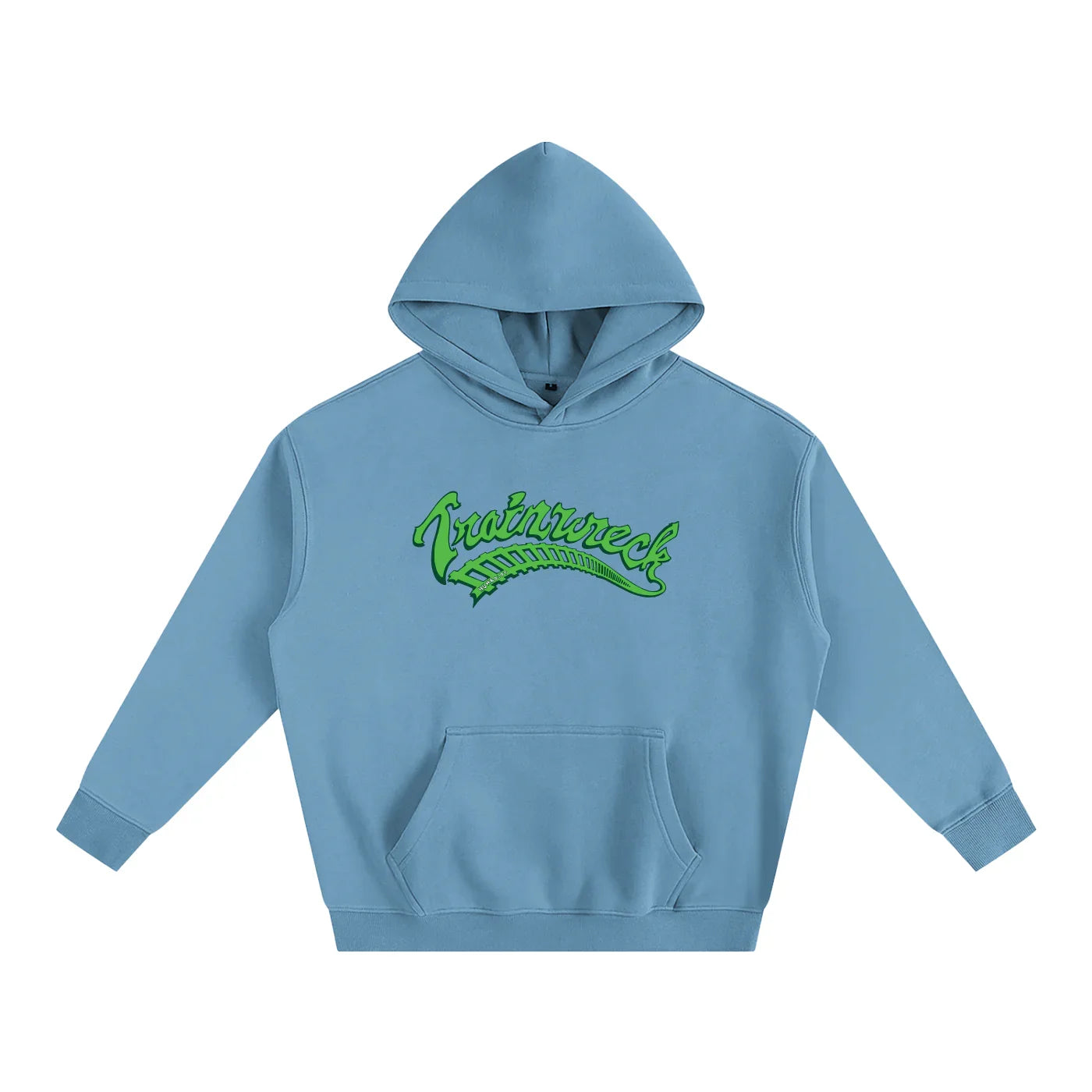 Light blue hoodie with green 'Trainwreck' graphic, blending streetwear and outdoor style