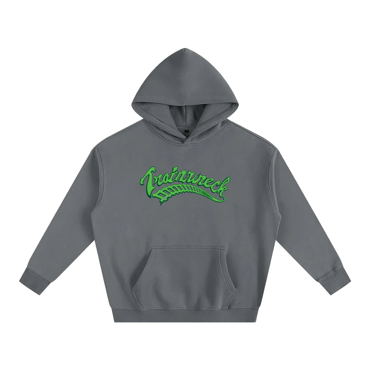 Gray hoodie with green 'Trainwreck' graphic, blending outdoor and streetwear style