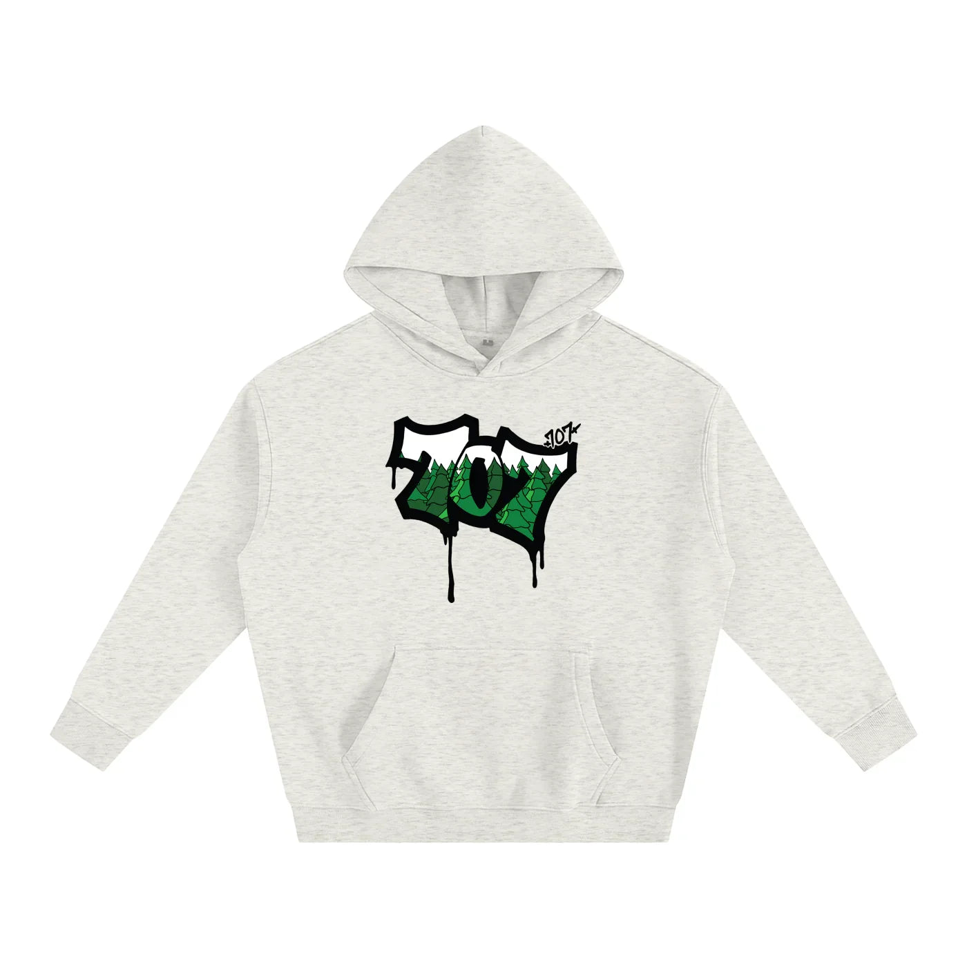 Heather gray hoodie with 707 forest graphic, blending outdoor style and streetwear design.