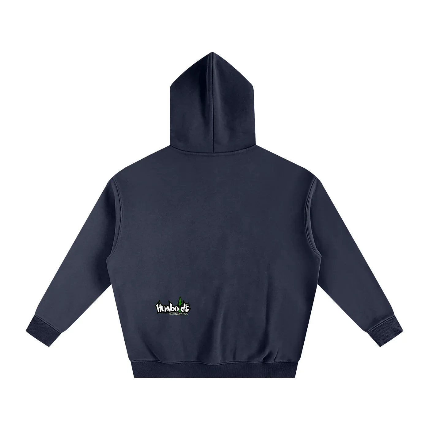 Dark navy hoodie with small Humboldt logo on back, blending outdoor and streetwear style
