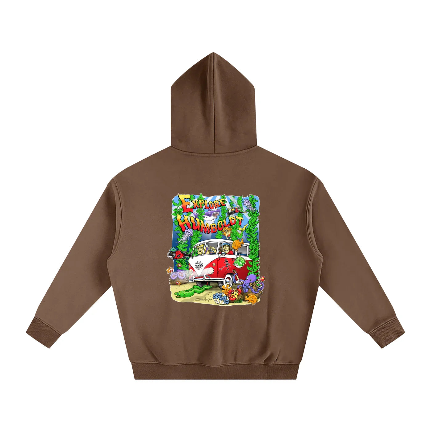 Brown hoodie with 'Explore Humboldt' graphic, vintage van, sea creatures, and coastal adventure design