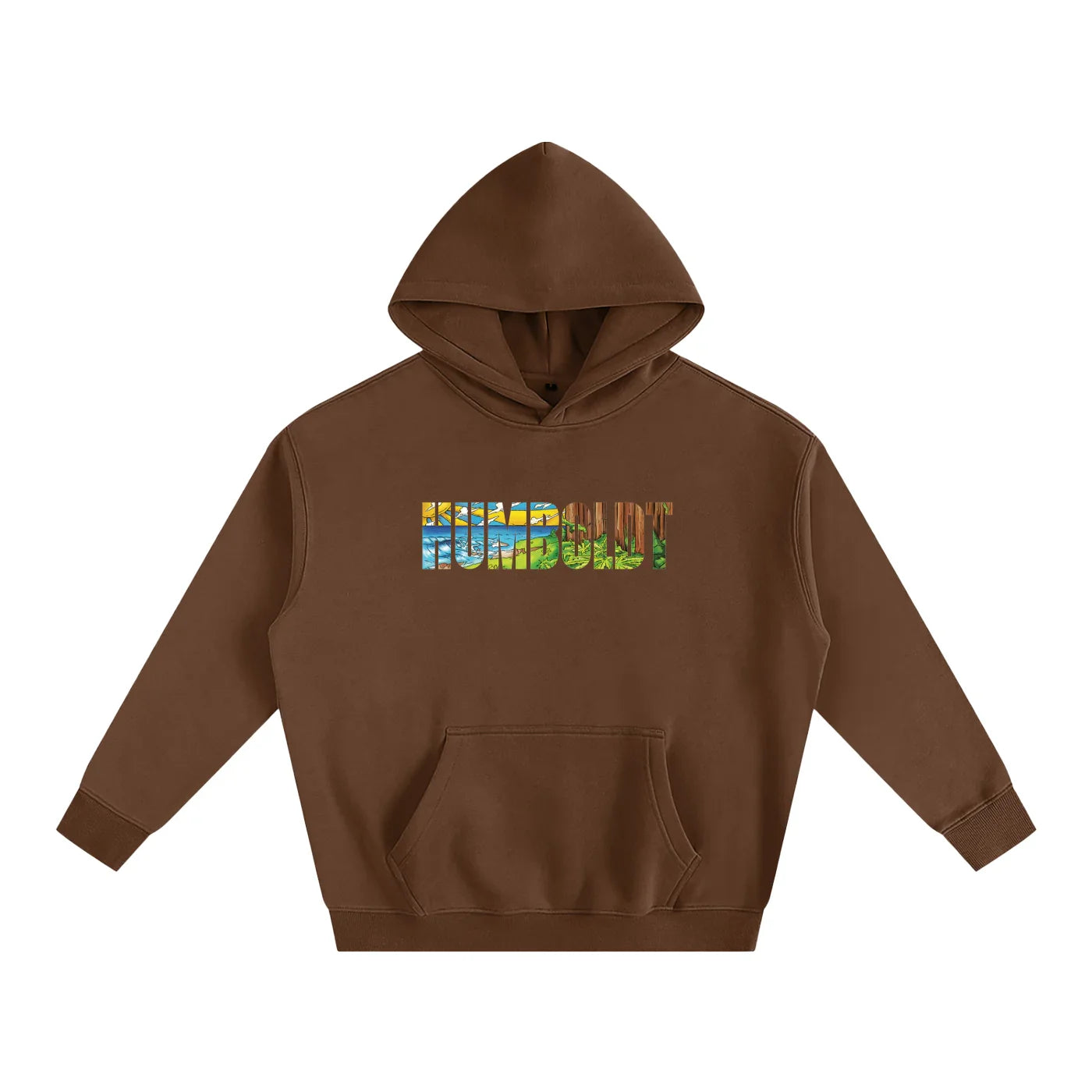 Brown hoodie with colorful Humboldt landscape graphic, blending outdoor and streetwear style