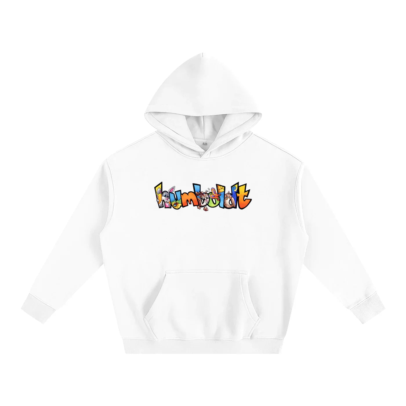White hoodie with colorful Humboldt graphic, blending outdoor and streetwear style