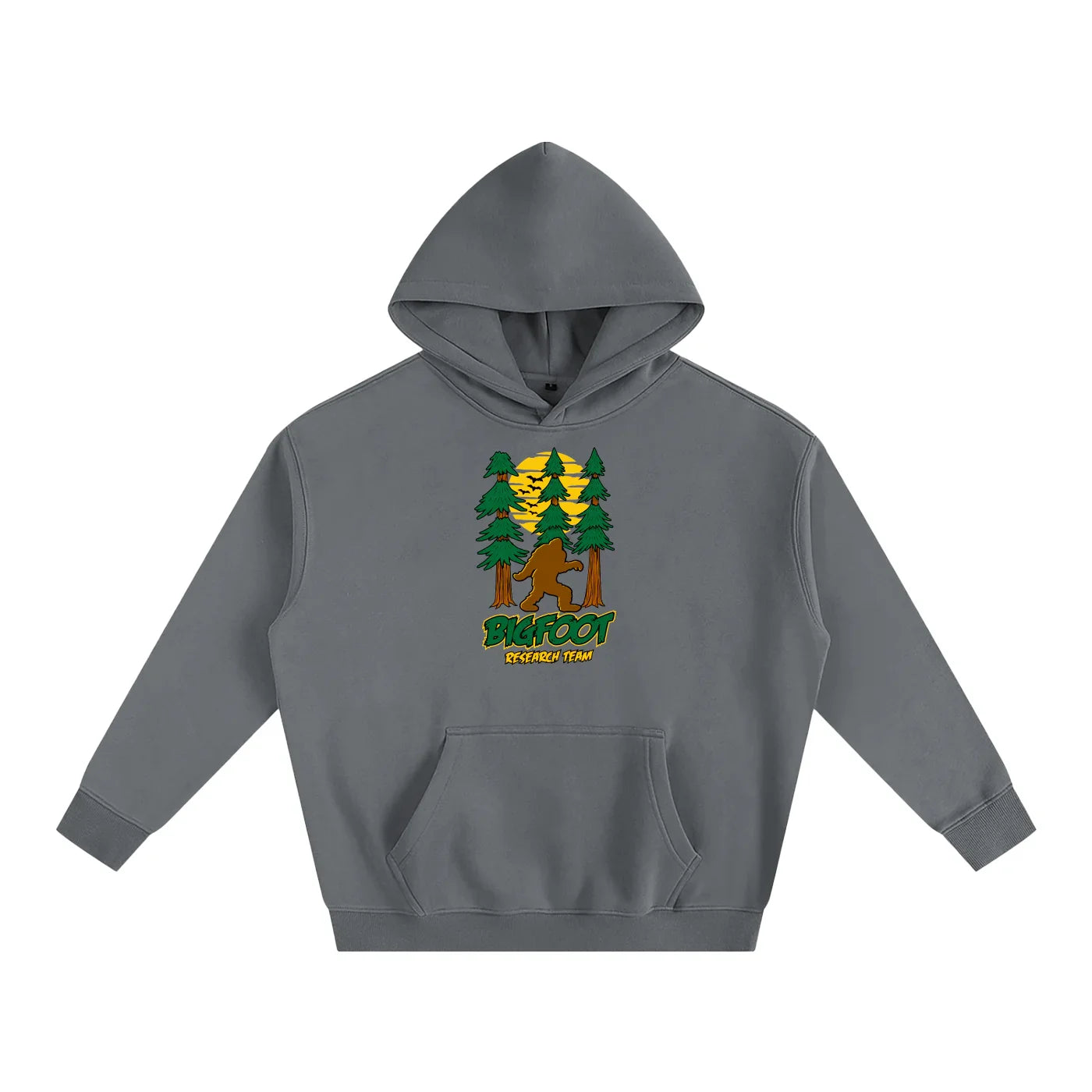 Gray hoodie with Bigfoot in forest graphic, 'Bigfoot Research Team' text, sunset design, outdoors style