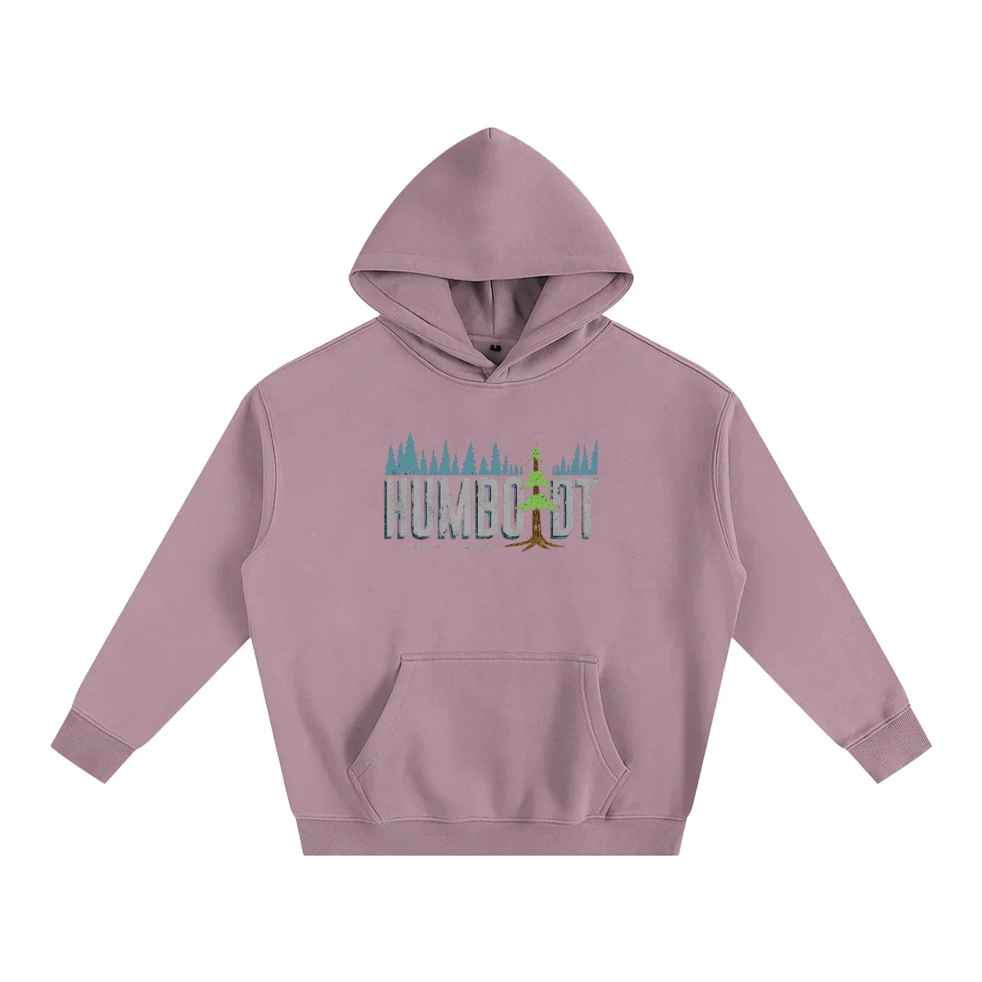 Dusty pink hoodie with Humboldt forest graphic, blending outdoor style and streetwear vibes.