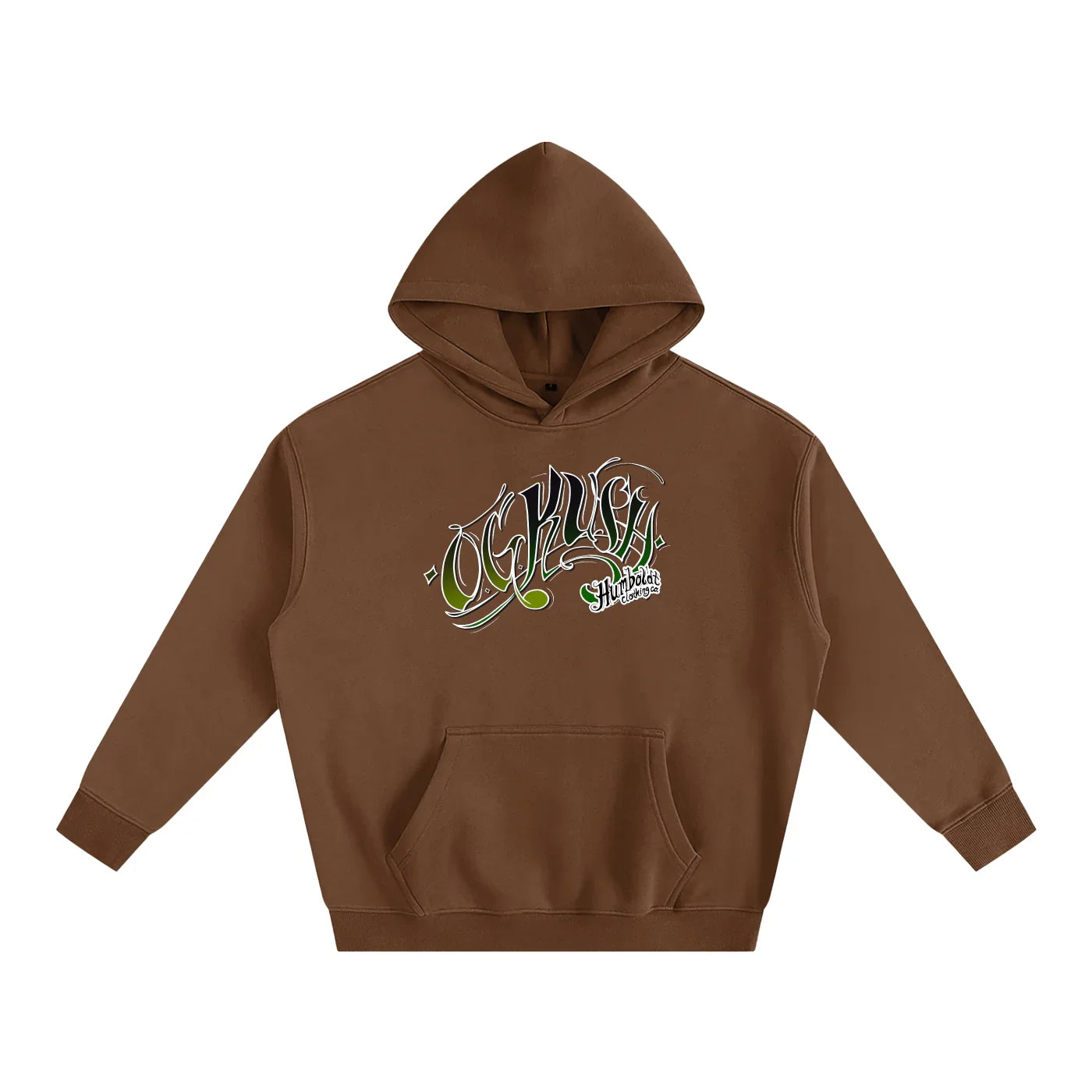 Brown hoodie with green 'OG Kush' graphic, Humboldt Clothing Co. logo, front pocket, urban streetwear style