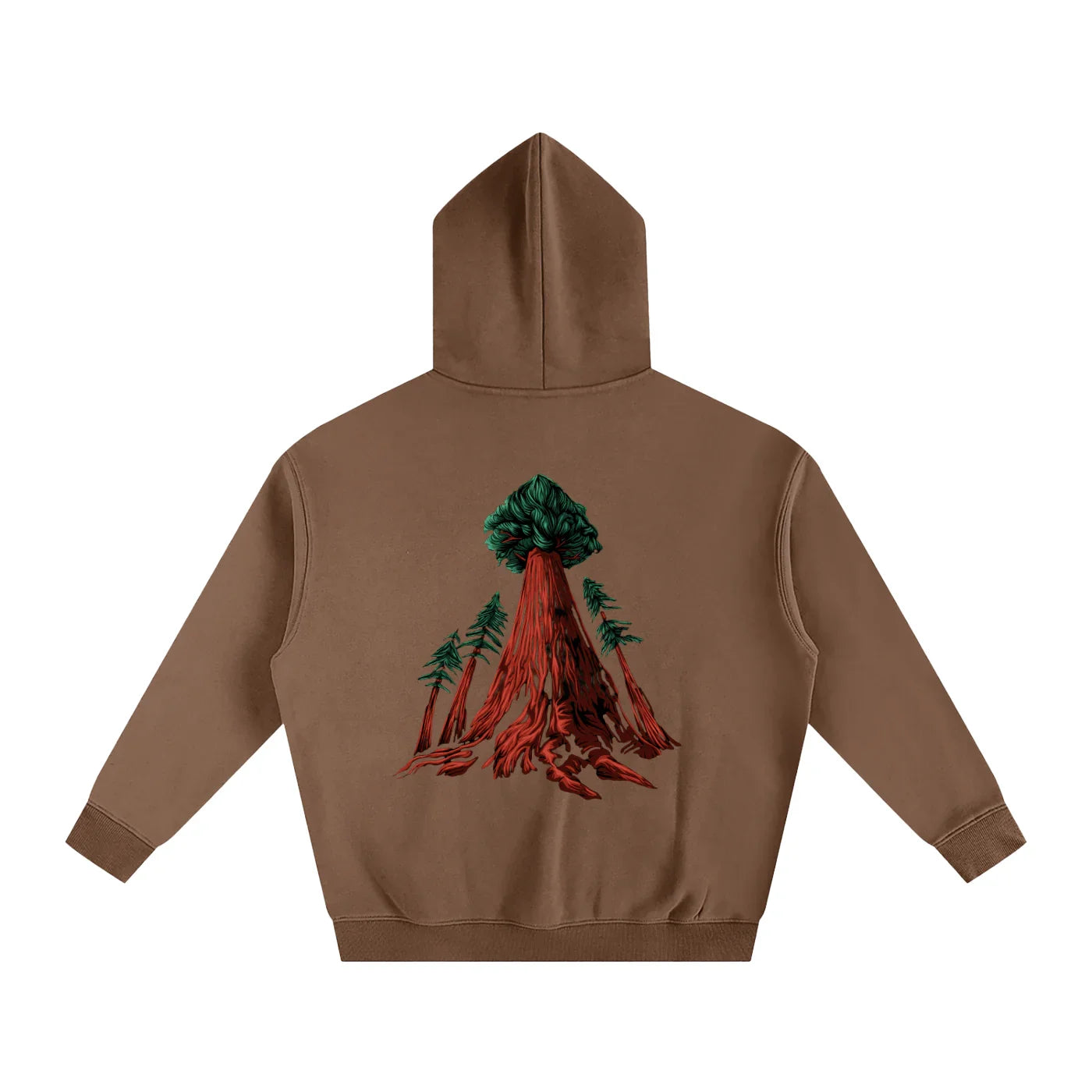 Brown hoodie with red tree root graphic, green forest design, outdoor streetwear style