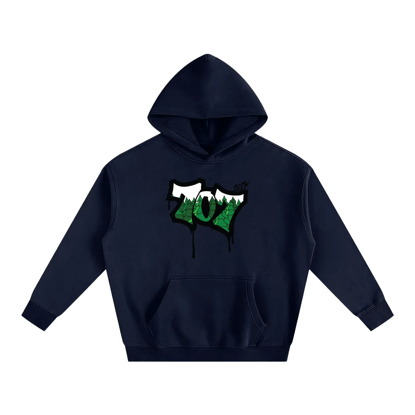 Navy hoodie with 707 forest graphic, blending Humboldt outdoors style and streetwear