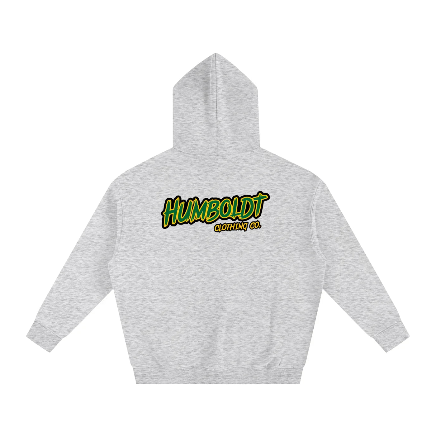 Gray hoodie with Humboldt Clothing Co. logo in green and yellow, back view