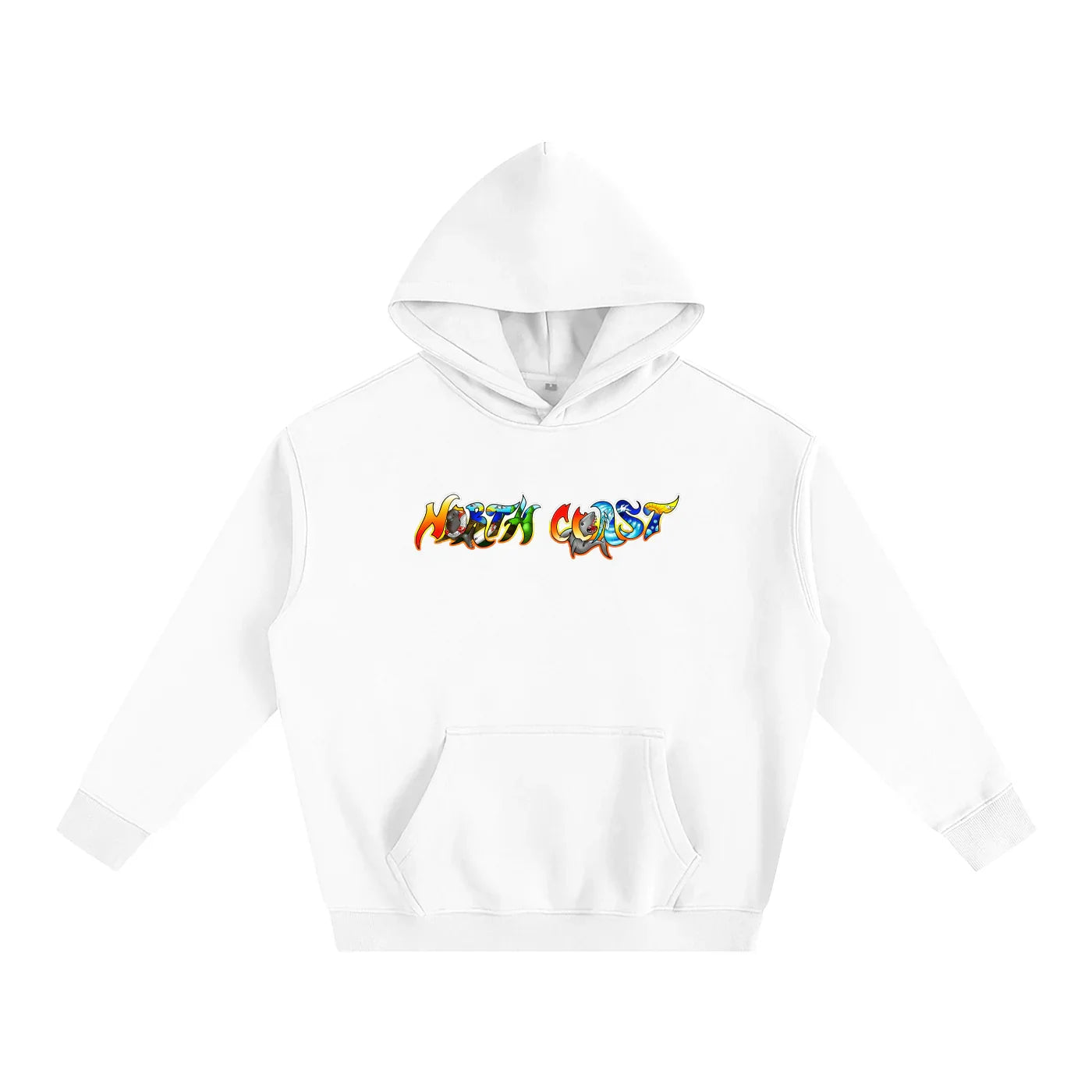 White hoodie with colorful North Coast graphic, blending coastal and streetwear style