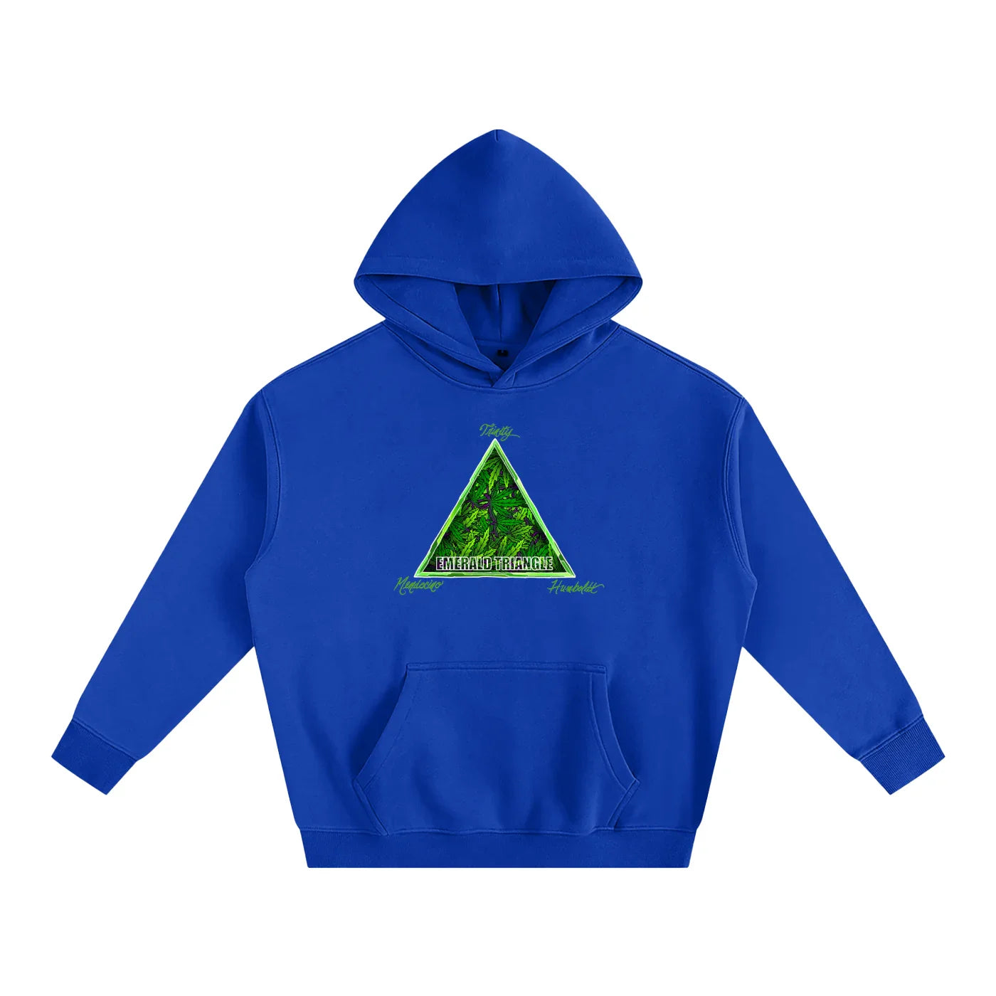 Royal blue hoodie with green 'Emerald Triangle' forest graphic, blending outdoor and streetwear style