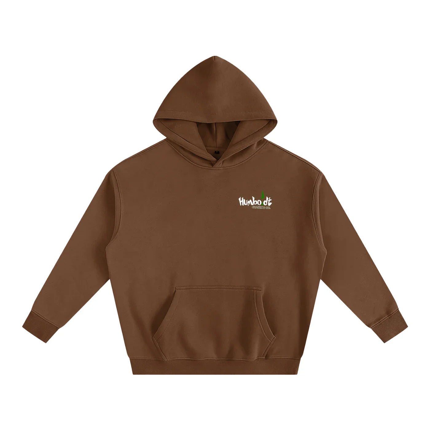 Brown hooded sweatshirt with small chest logo, featuring outdoor streetwear style for Humboldt County vibes.