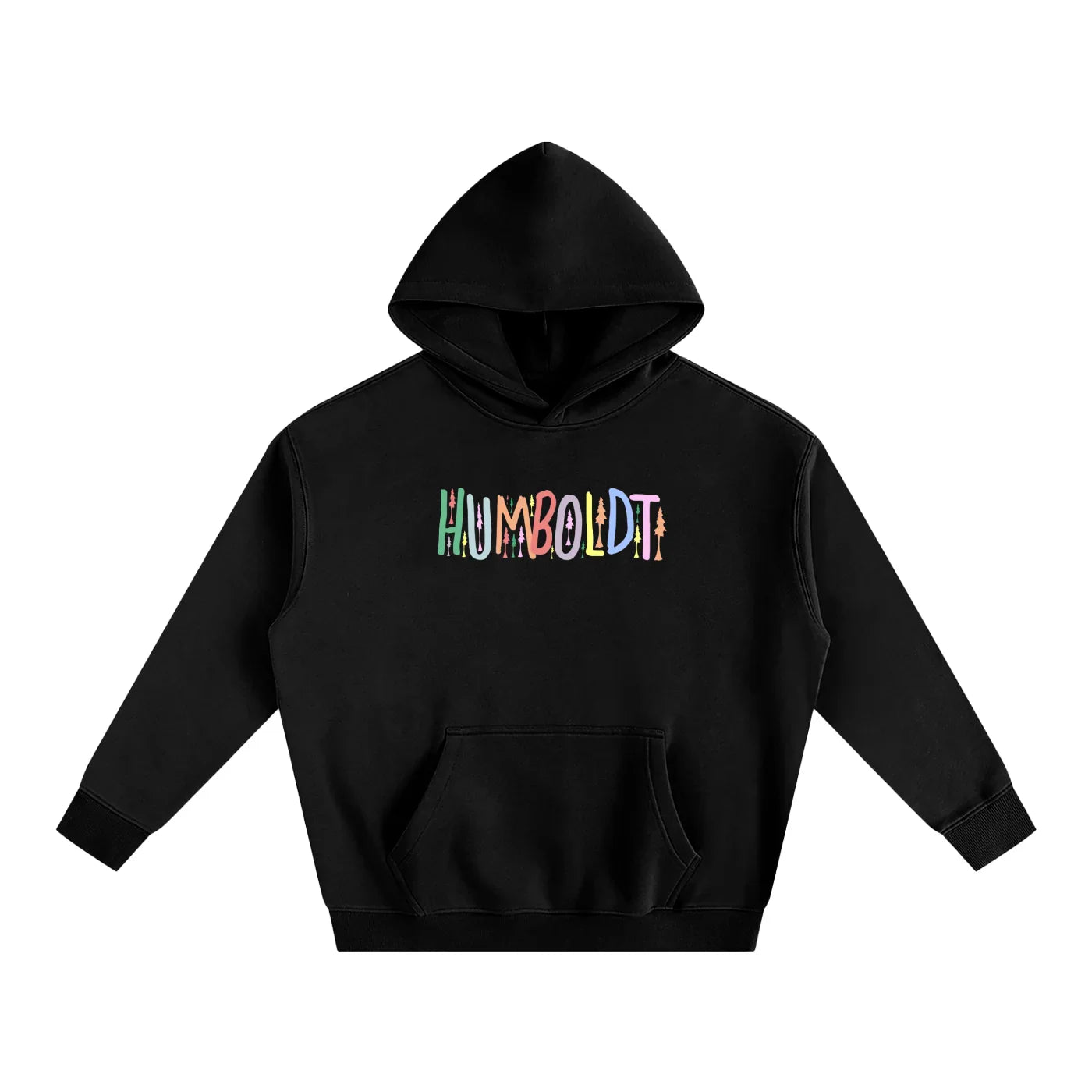 Black hoodie with 'HUMBOLDT" printed in colorful pastel letters on and little trees in between the letters.