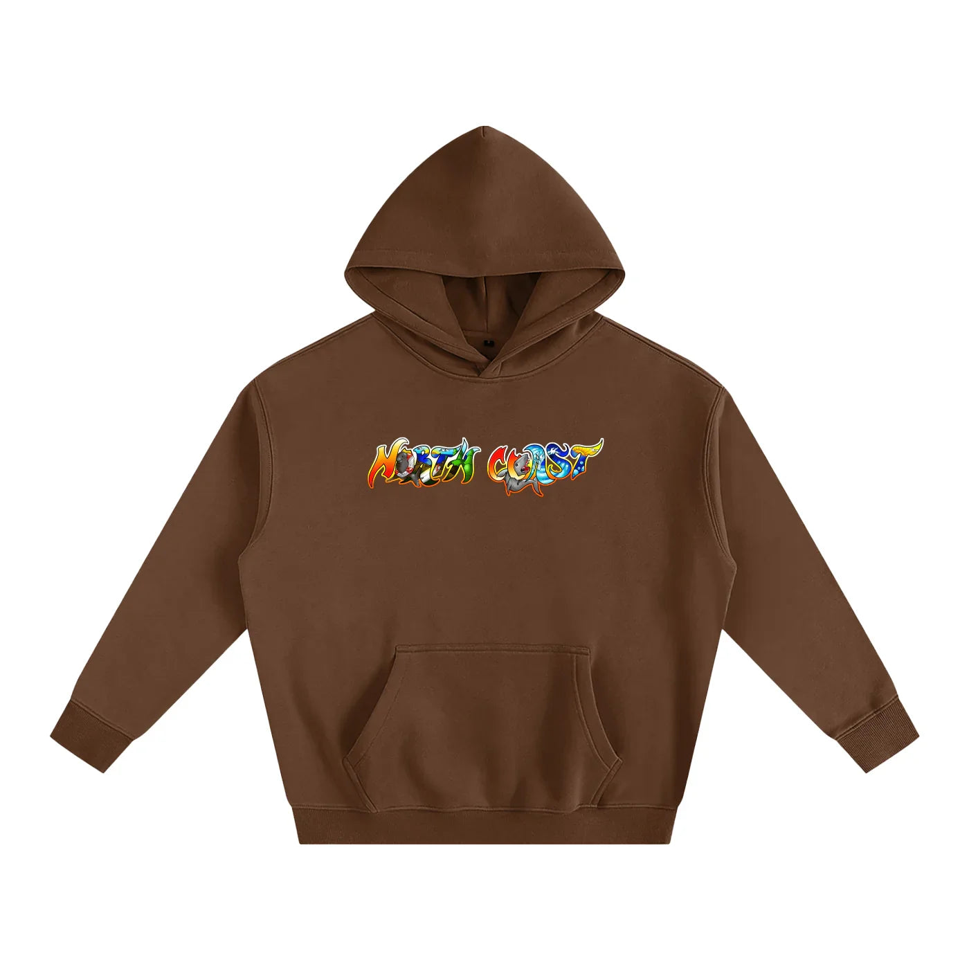 Brown hoodie with colorful 'North Coast' graphic, blending outdoor and streetwear style