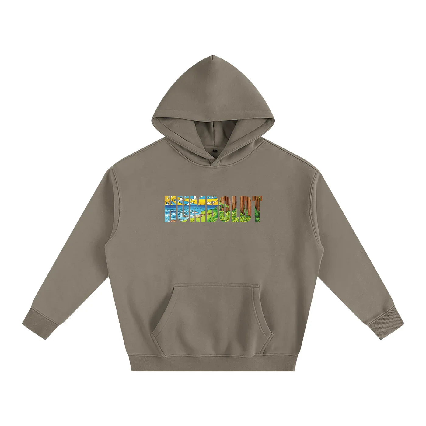 Olive green hoodie with colorful Humboldt landscape graphic, blending outdoor and streetwear style