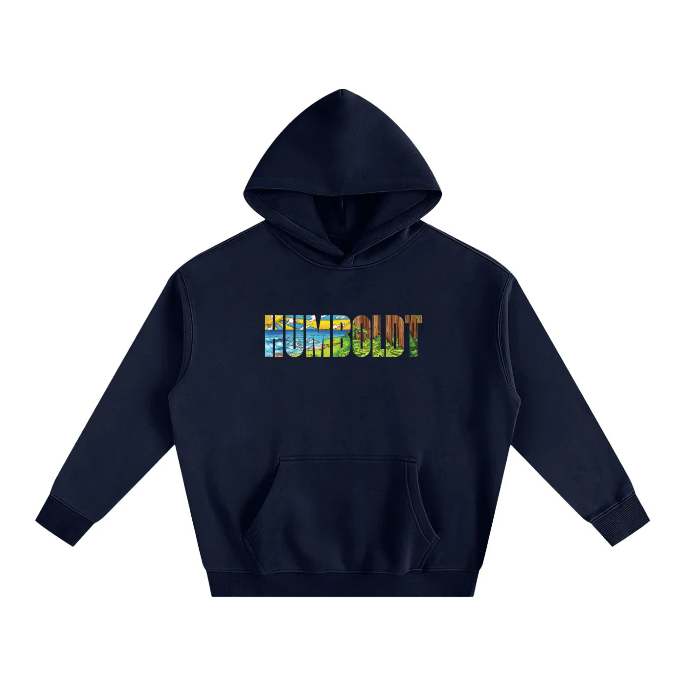 Navy hoodie with colorful Humboldt graphic, blending coastal and forest scenes for outdoor style.