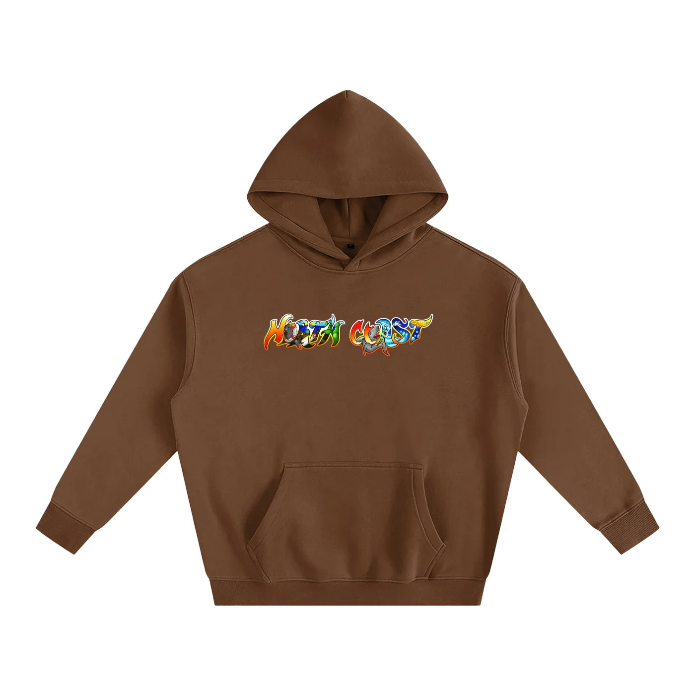 Brown hoodie with colorful North Coast graphic, blending outdoor and streetwear style