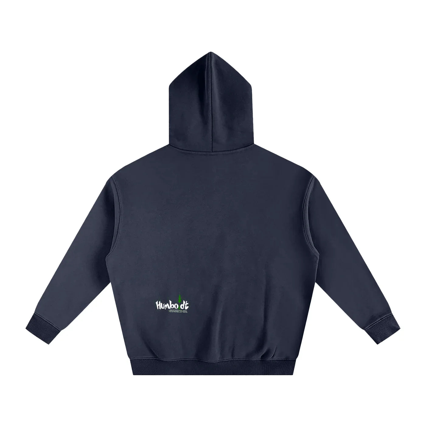 Navy blue hoodie with small Humboldt Clothing Co. logo on back, urban streetwear style