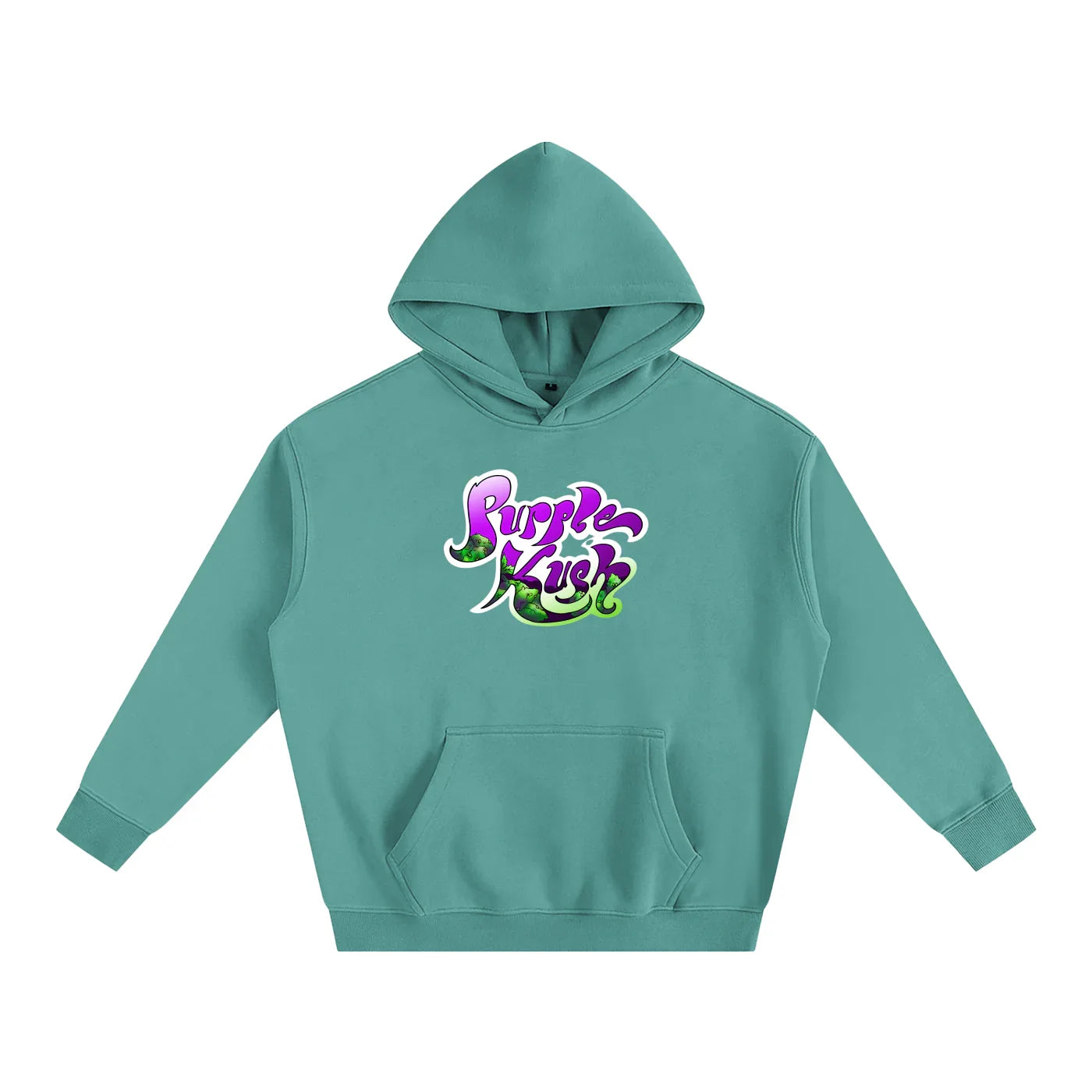Teal hoodie with vibrant 'Purple Kush' graphic, blending streetwear style and bold design