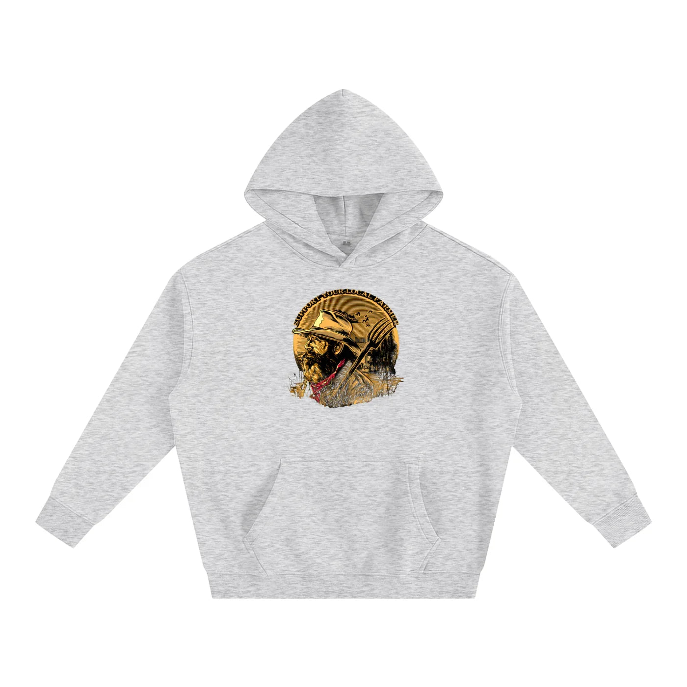 Gray hoodie with vintage farmer graphic, 'Support Your Local Farmer' text, outdoorsy streetwear style