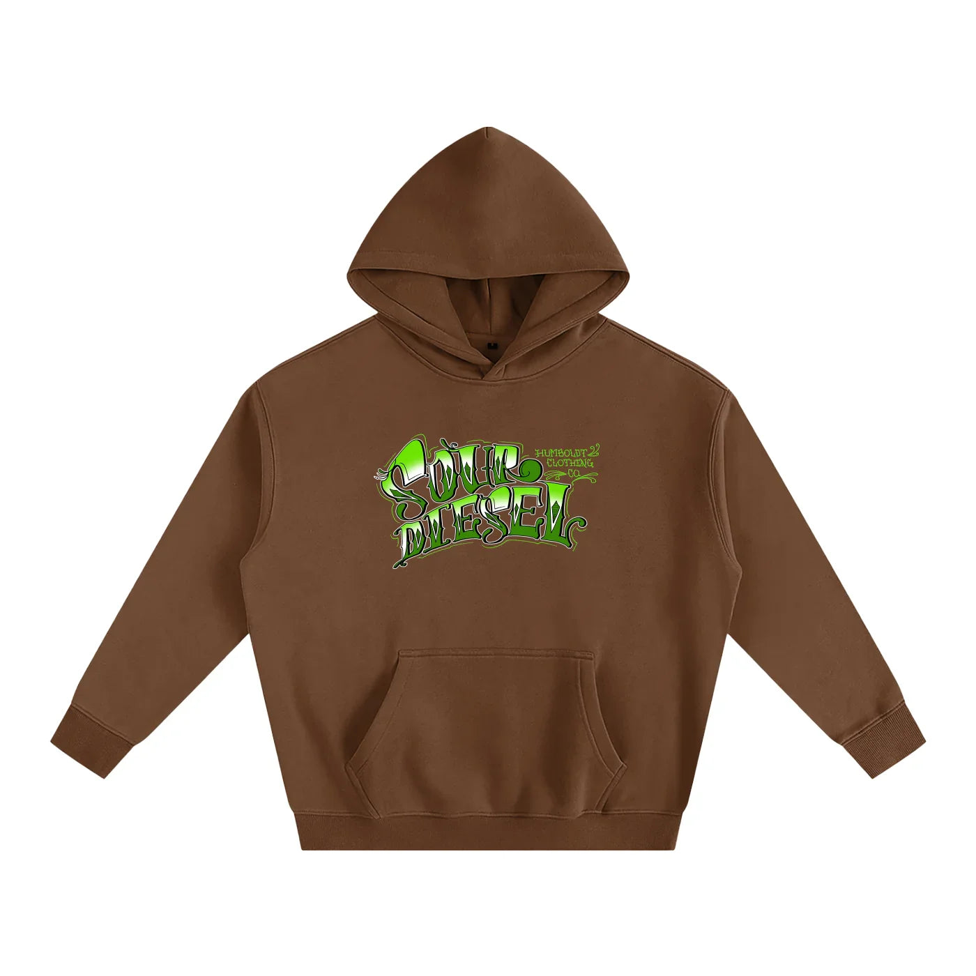 Brown hoodie with green 'Sour Diesel' graphic, blending outdoor and streetwear style