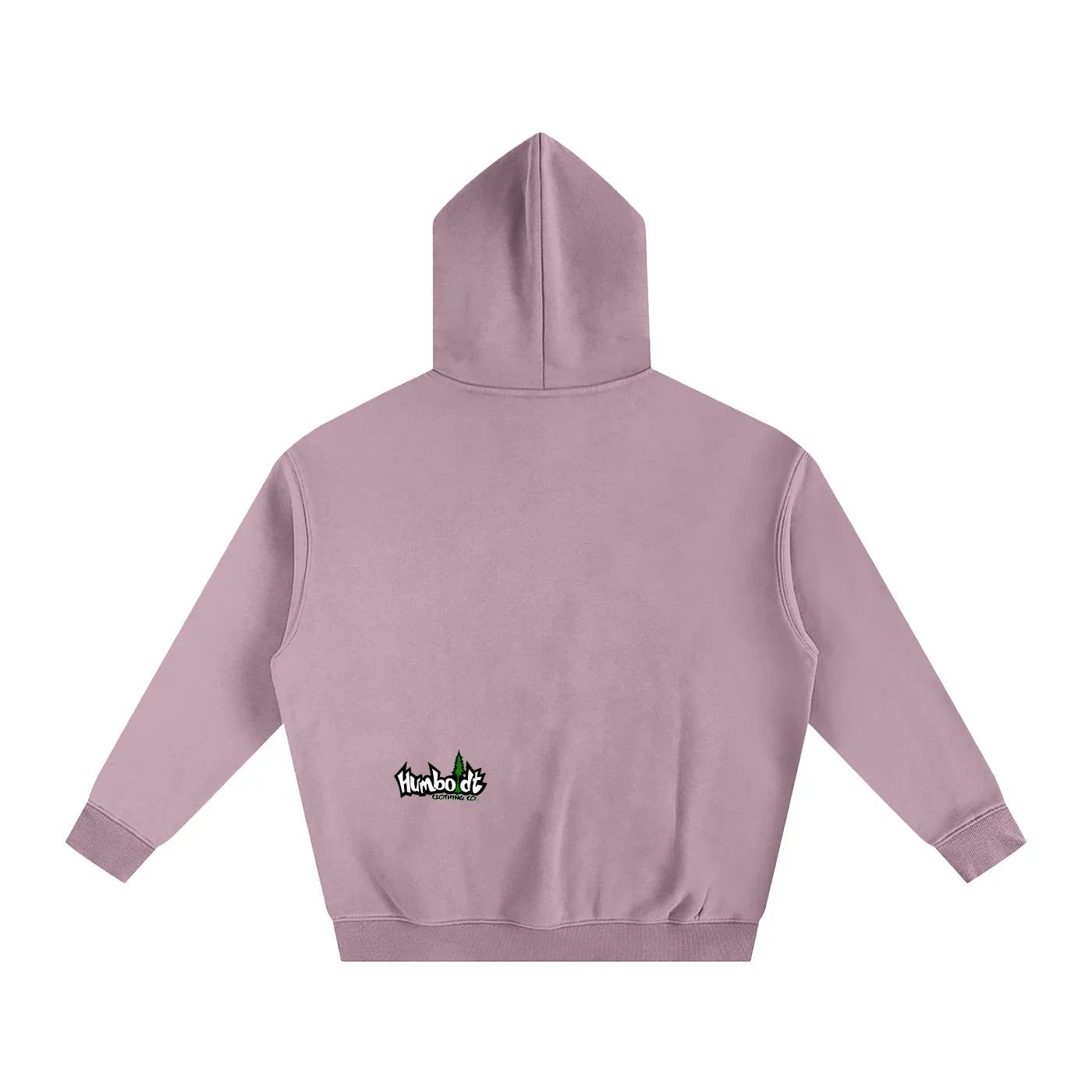 Dusty pink hoodie with small Humboldt Clothing Co logo on back, blending outdoor and streetwear style