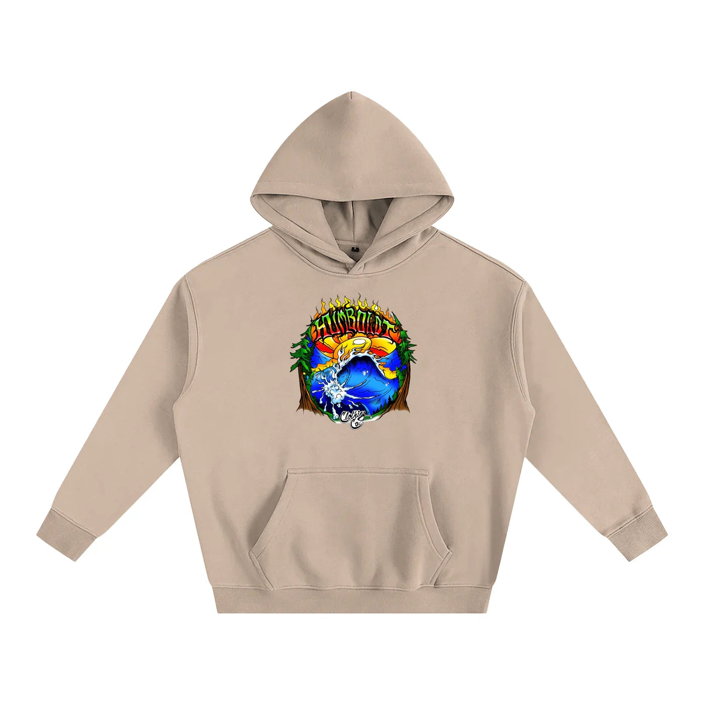 Beige hoodie with vibrant Humboldt-themed graphic, blending nature and urban streetwear style.