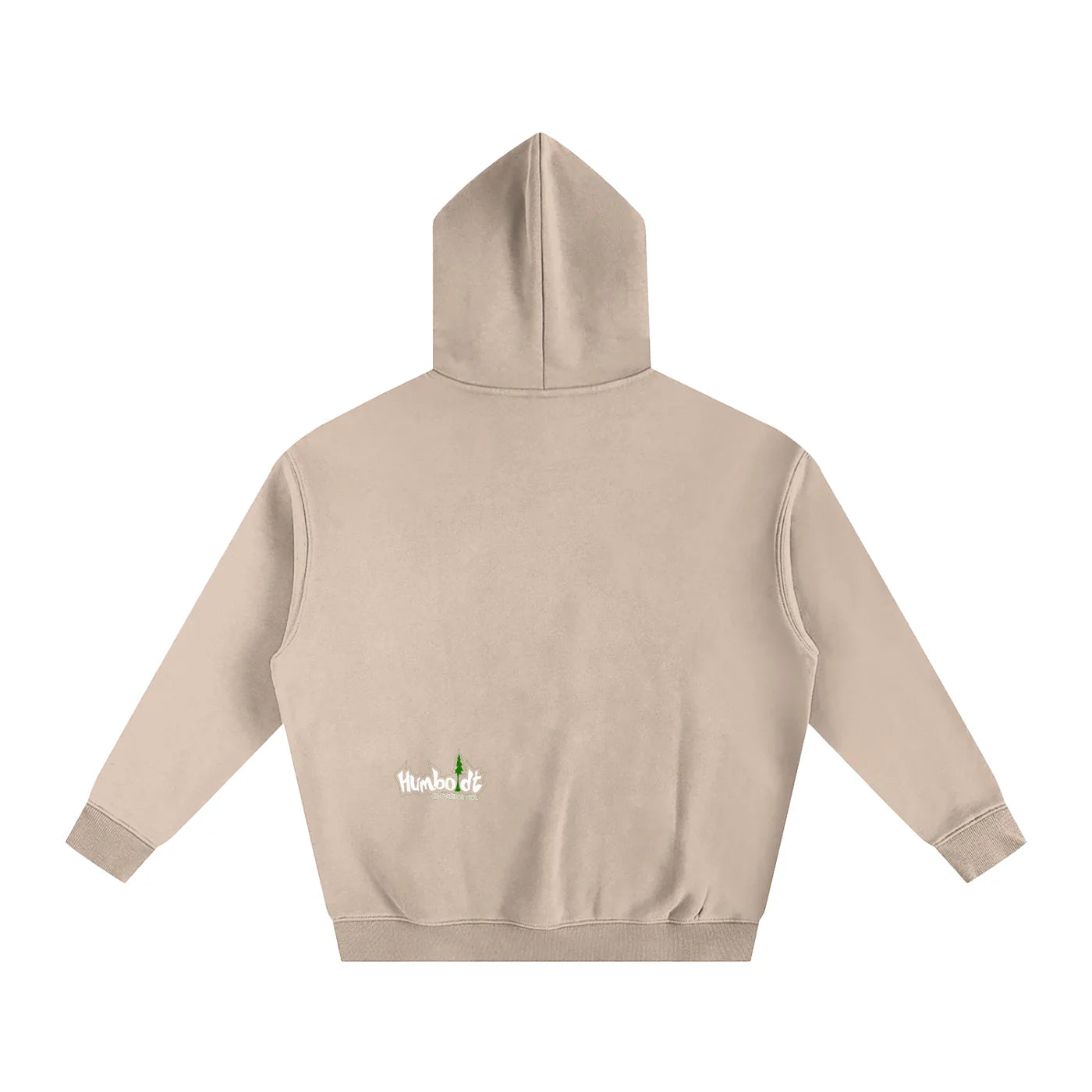 Beige hoodie with Humboldt logo and tree graphic, back view, outdoor streetwear style