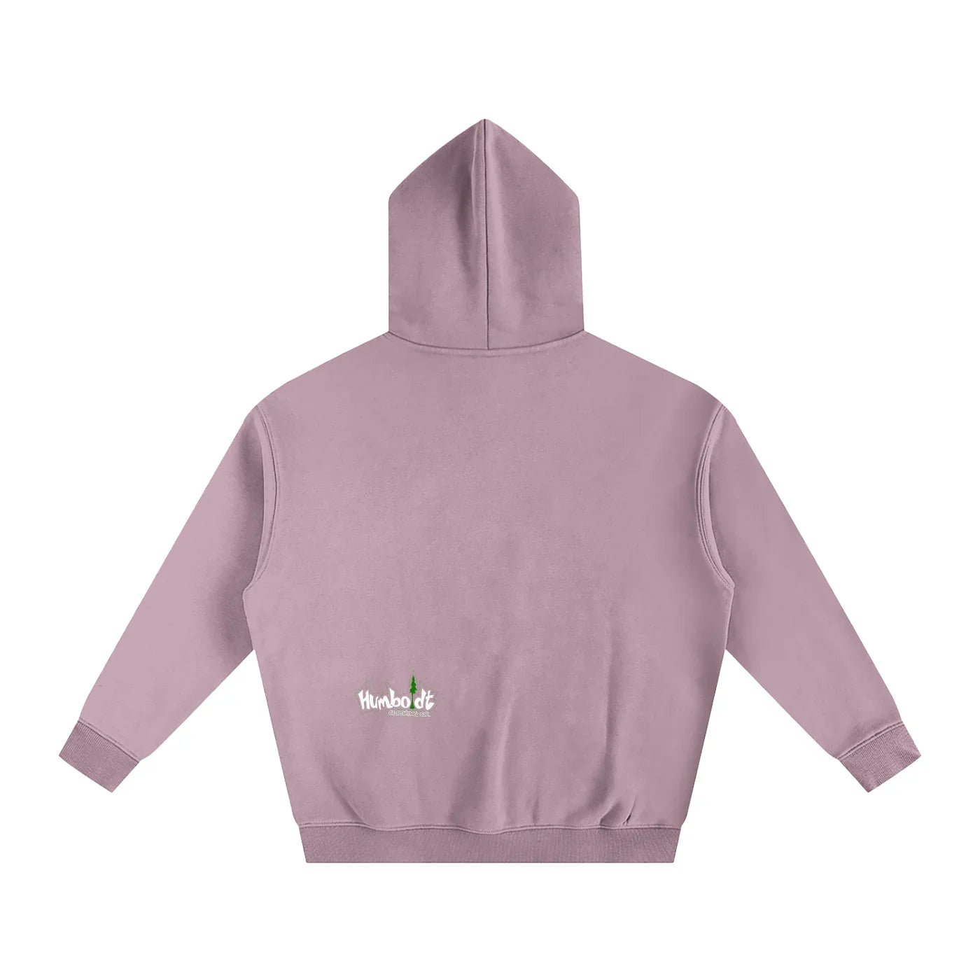 Dusty rose hoodie with small Humboldt logo, blending outdoor and streetwear style