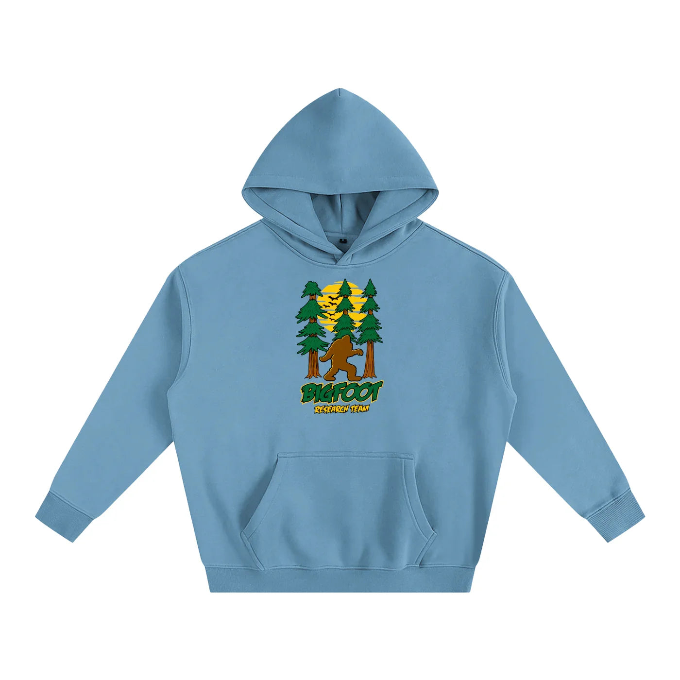 Light blue hoodie with Bigfoot in forest graphic, 'Bigfoot Research Team' text, outdoor adventure style